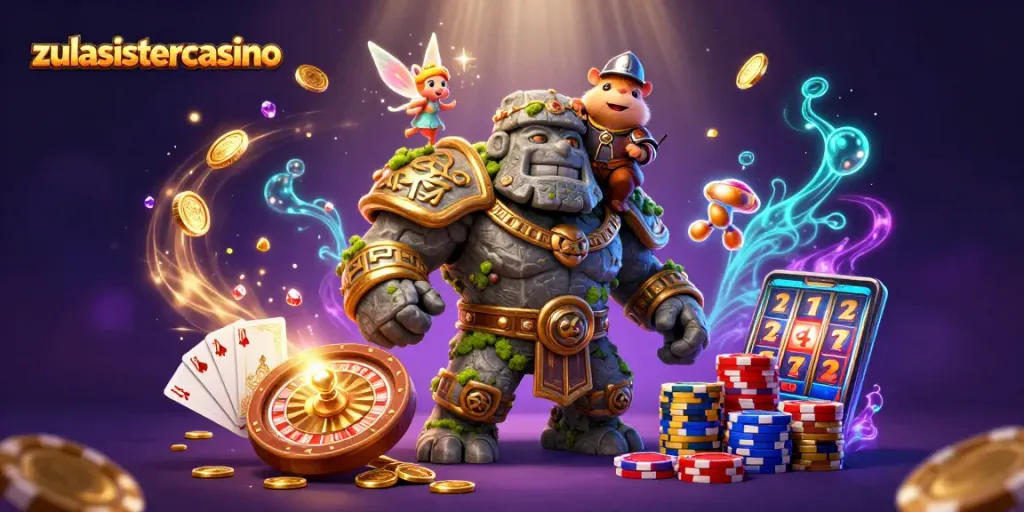 Play exciting games at zulasistercasino with magical characters and vibrant casino elements.