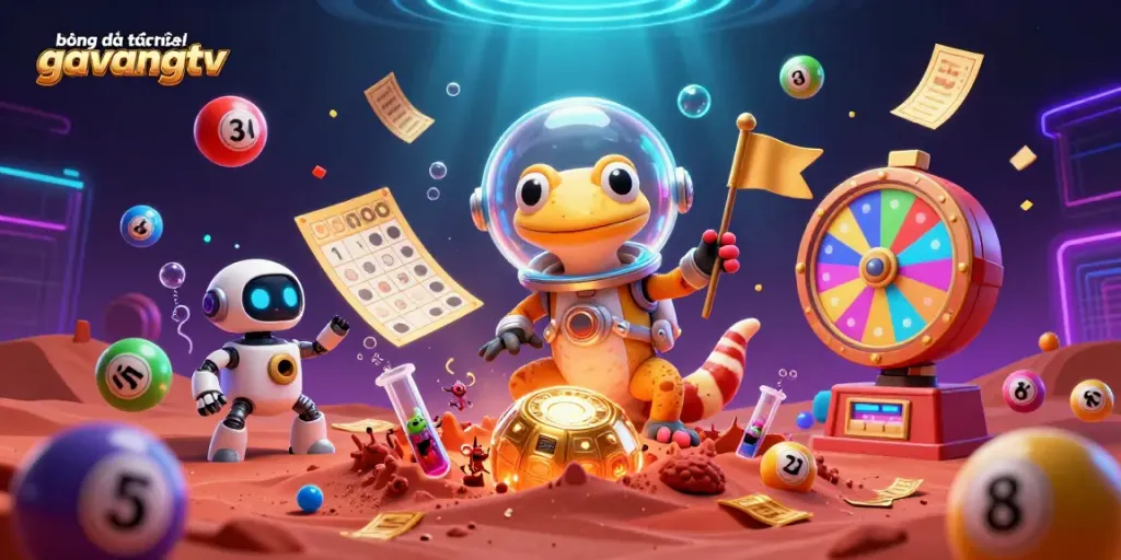 Experience bóng đá trực tuyến gavangtv in a vibrant casino adventure with a Martian gecko and cheerful aliens.