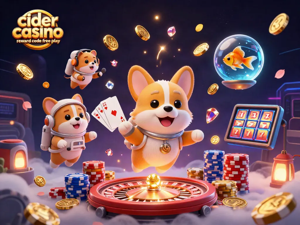 Cider casino reward code free play showcased in a vibrant 3D casino scene with animated characters and playful elements.