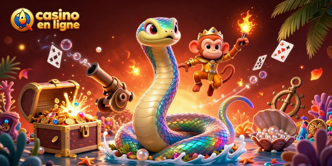 Profitez des jeux de casino en ligne avec ce serpent coloré et le roi singe en action.