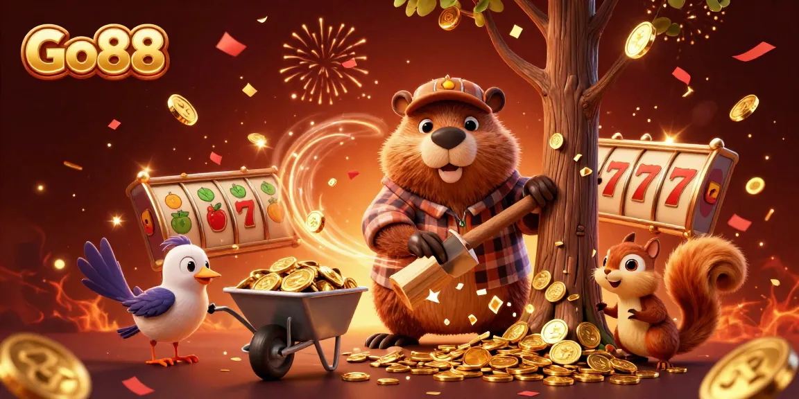 Go88 players experience thrilling gameplay as a beaver collects gold coins in a vibrant casino scene.