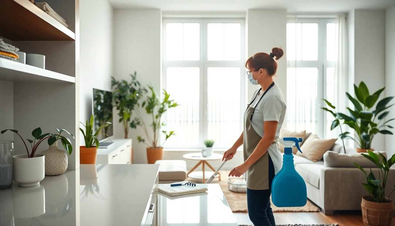 Bond cleaning expert efficiently cleaning a bright living room space.