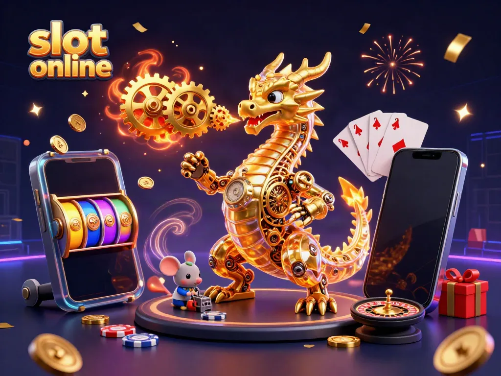 Menghasilkan pengalaman slot online yang menarik dengan karakter naga emas mekanik dan permainan slot menggoda.