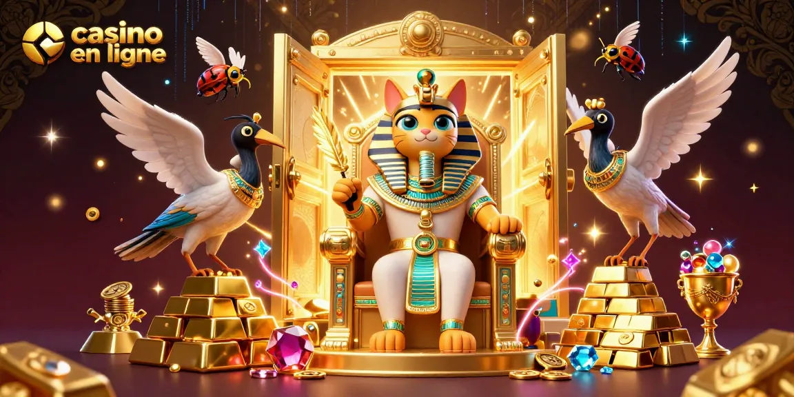 Illustration dynamique d'un chat pharaon égyptien ainsi que des éléments de casino en ligne, offrant une expérience de jeu immersive.