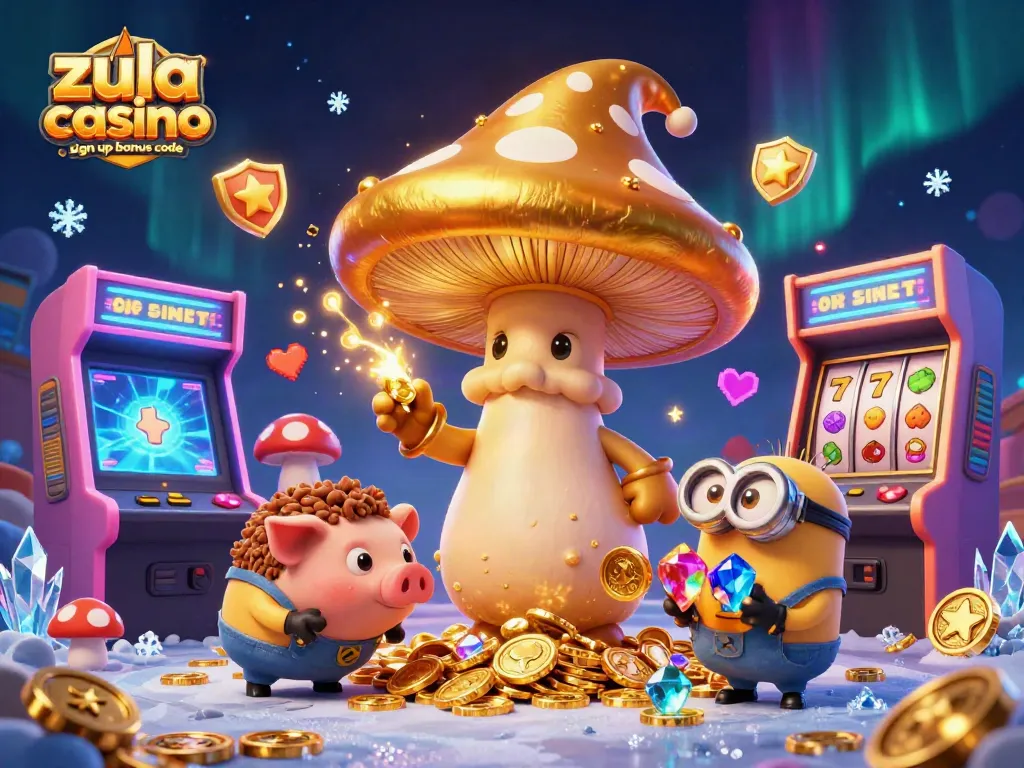 Zula casino sign up bonus code illustration with magical wizard, treasure-sniffing pig, and vibrant gaming elements.