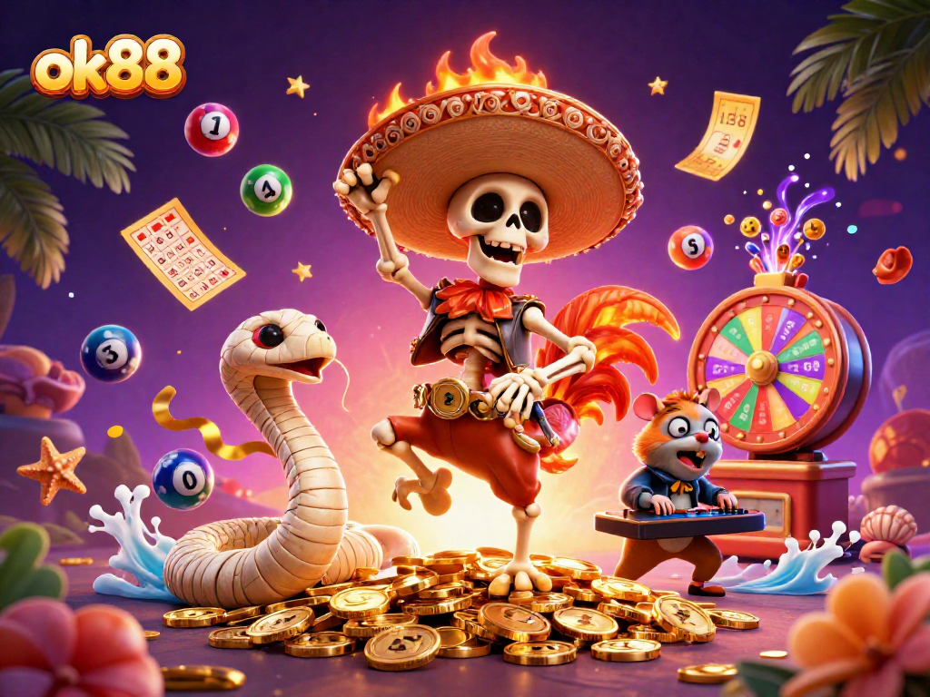 Experience thrilling wins with ok88 as a lively skeleton mariachi dances amidst golden coins and vibrant game elements.