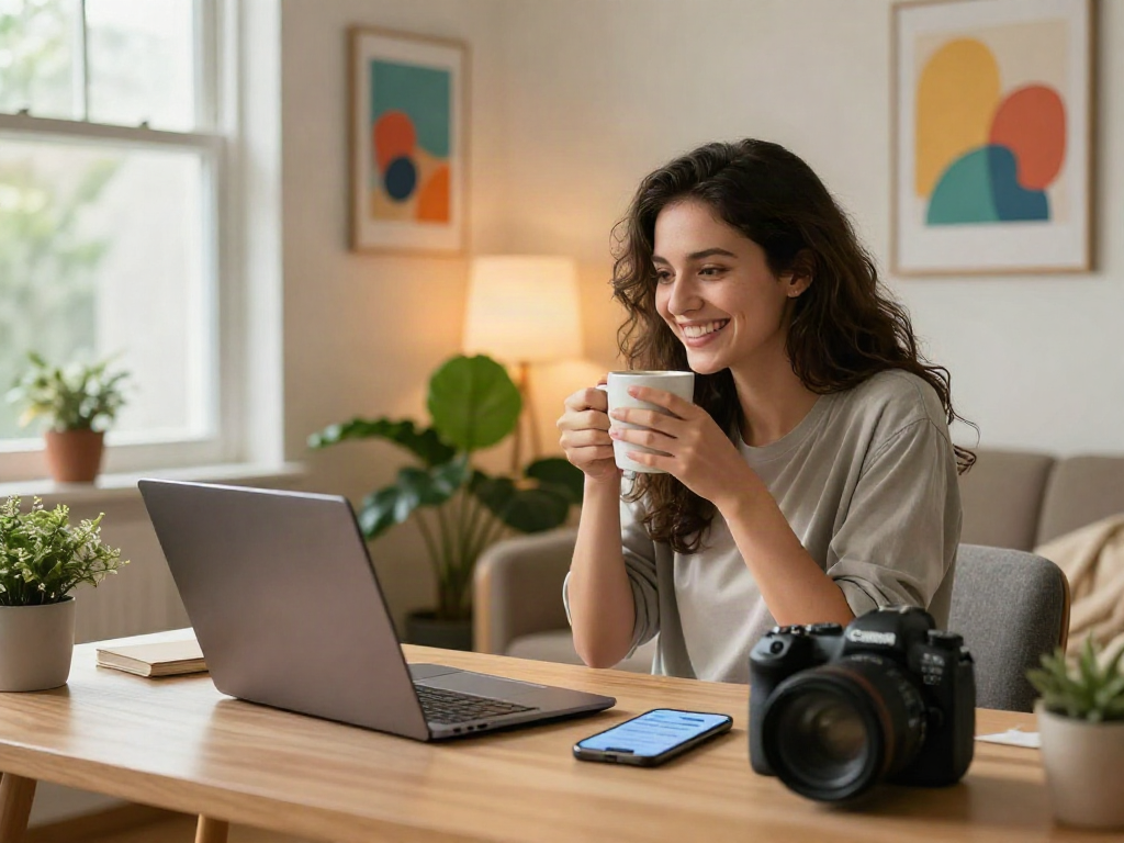 Engaging with girlfriend ai in a cozy home office setting, smiling woman enjoying digital interaction