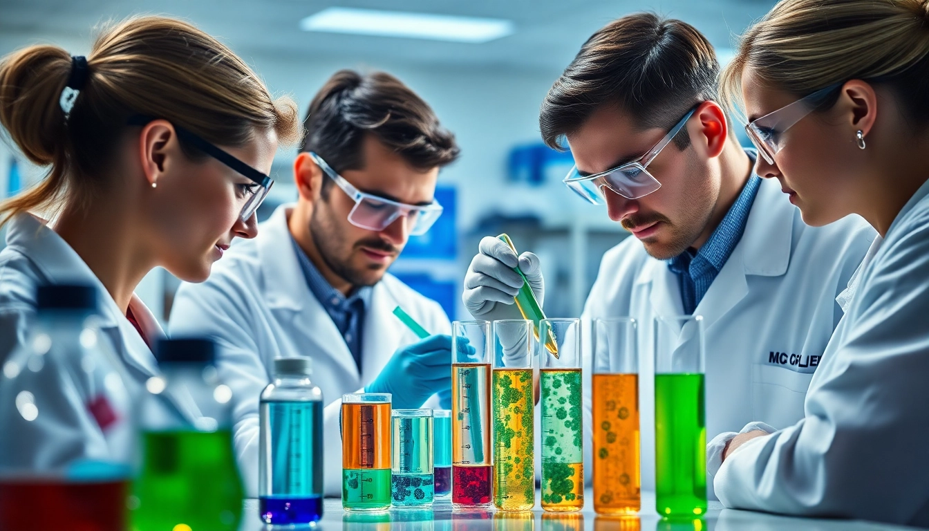 Scientists conducting research at peptide labs with vibrant samples and advanced equipment.