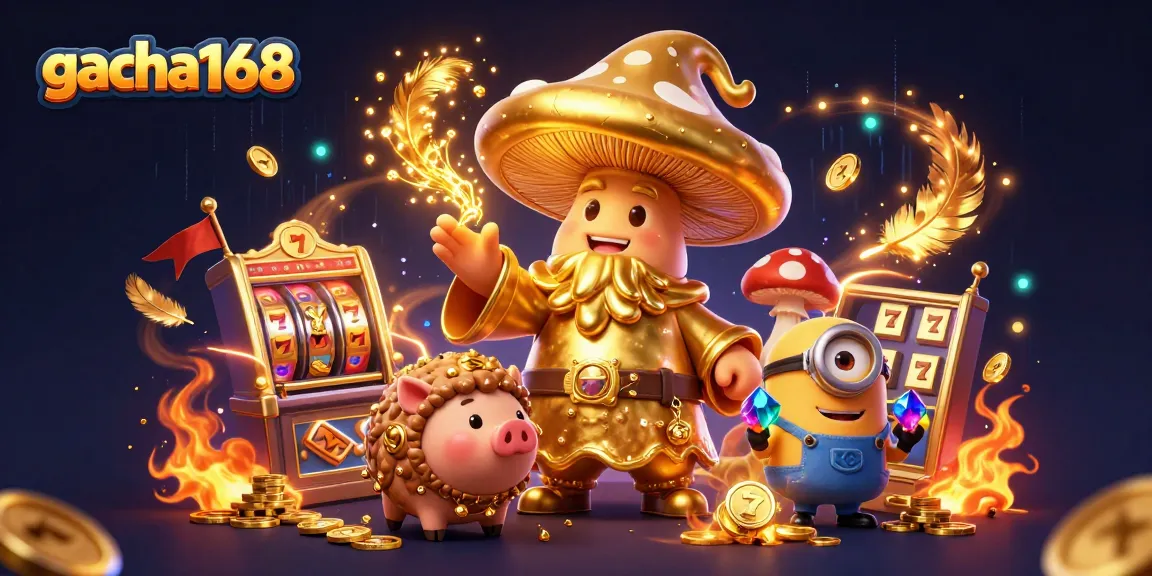 Gacha168 features a magical scene with a golden wizard and treasure-hunting elements