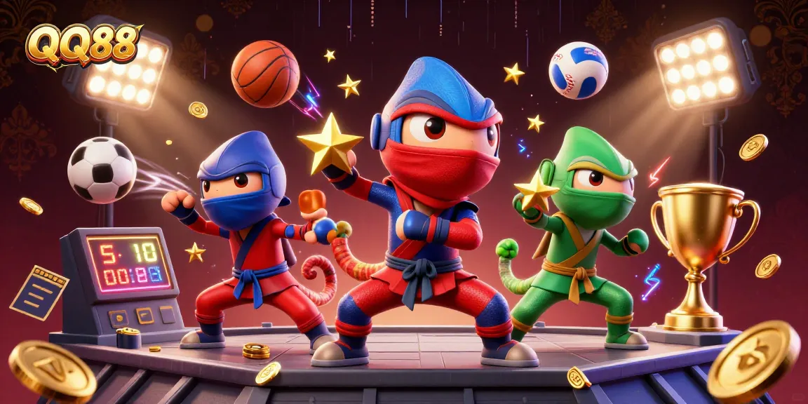 Engage in thrilling gameplay action with QQ88 as the ninja chameleon team showcases dynamic martial arts amidst vibrant betting elements.