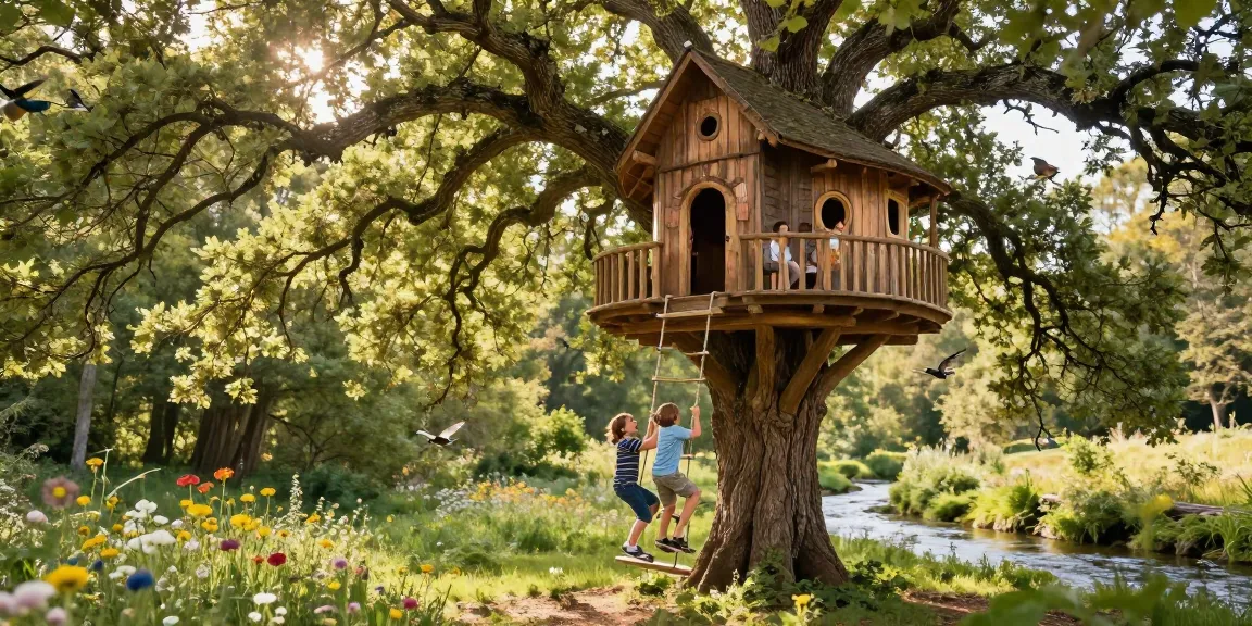 Family enjoying treehouses adventure in a serene woodland setting.