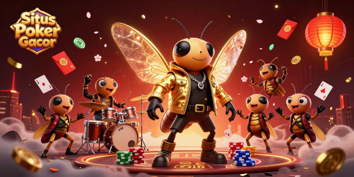 Situs Poker Gacor features a vibrant 3D scene with a rock star cicada and poker elements, captivating players.