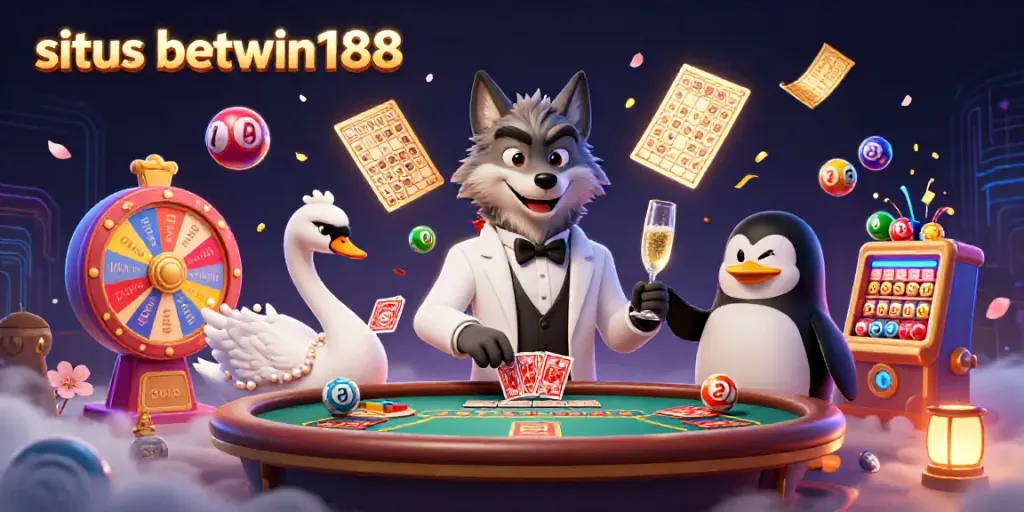 Gambaran situs betwin188 menggunakan karakter kasino dengan efek visual menarik dan permainan kartu.