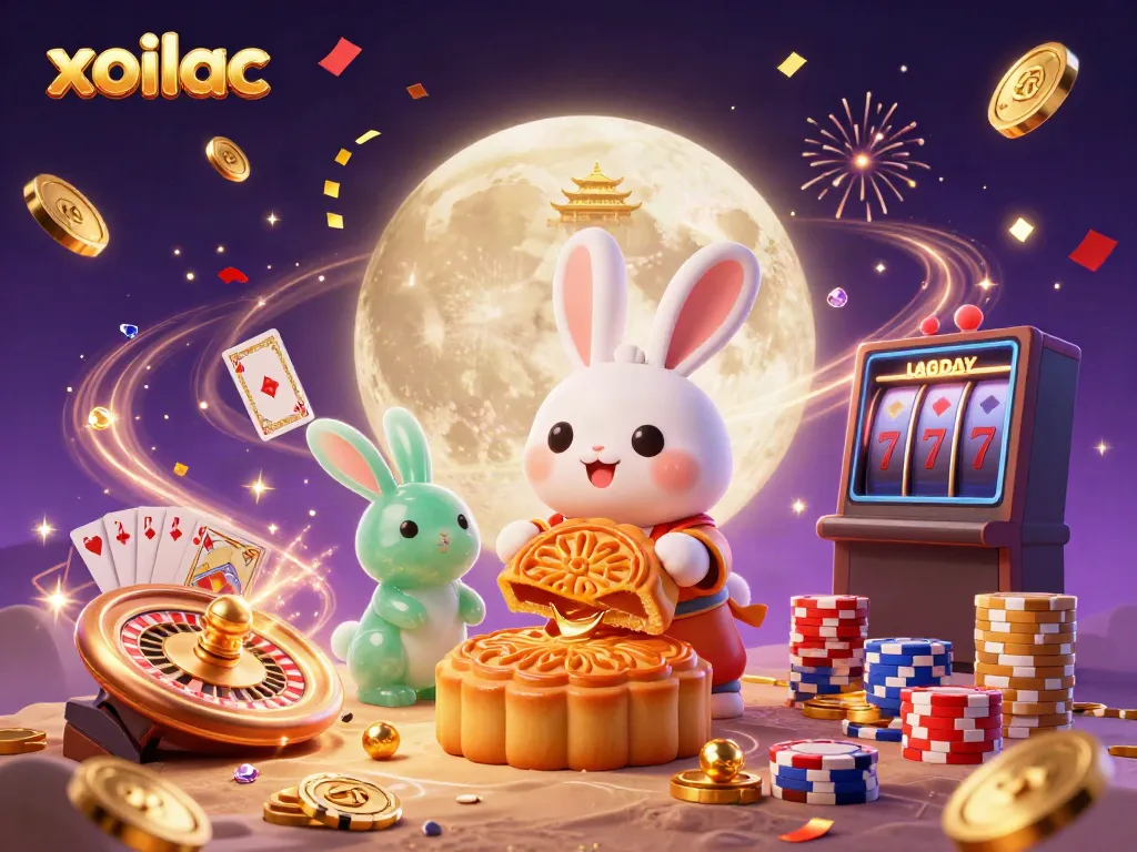 Experience the exciting xoilac casino scene with moon rabbit and poker chips.