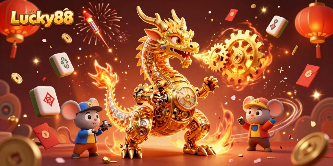 Experience thrilling gameplay at Lucky88 with a biomechanical dragon and vibrant casino elements.