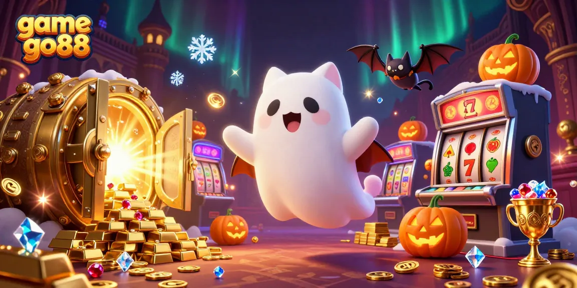 Engage with game go88 excitement in this vibrant casino scene featuring a ghost cat and treasure