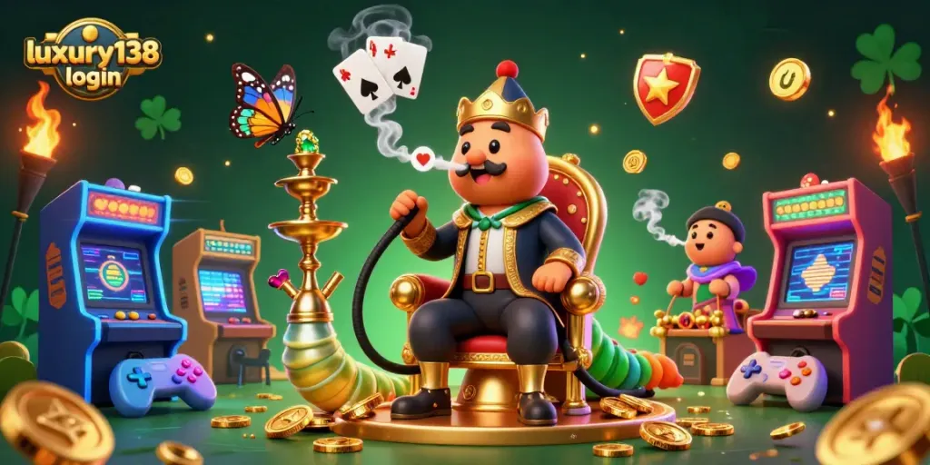 Masuk ke pengalaman permainan dengan luxury138 login yang menampilkan karakter karikatur dan mesin permainan berkilau.