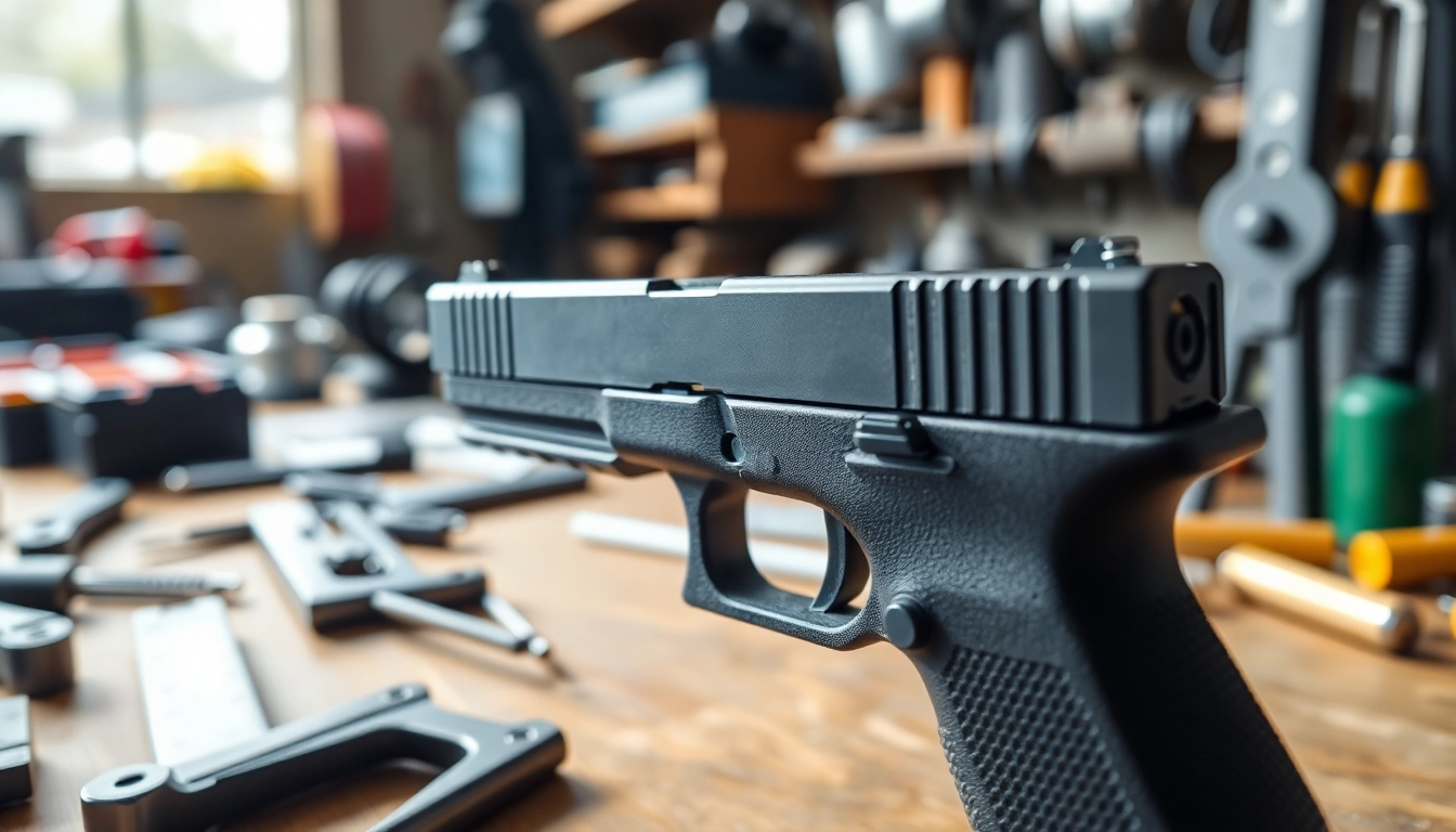 Showcasing glock 17 slide OEM with detailed craftsmanship in a vibrant workshop.