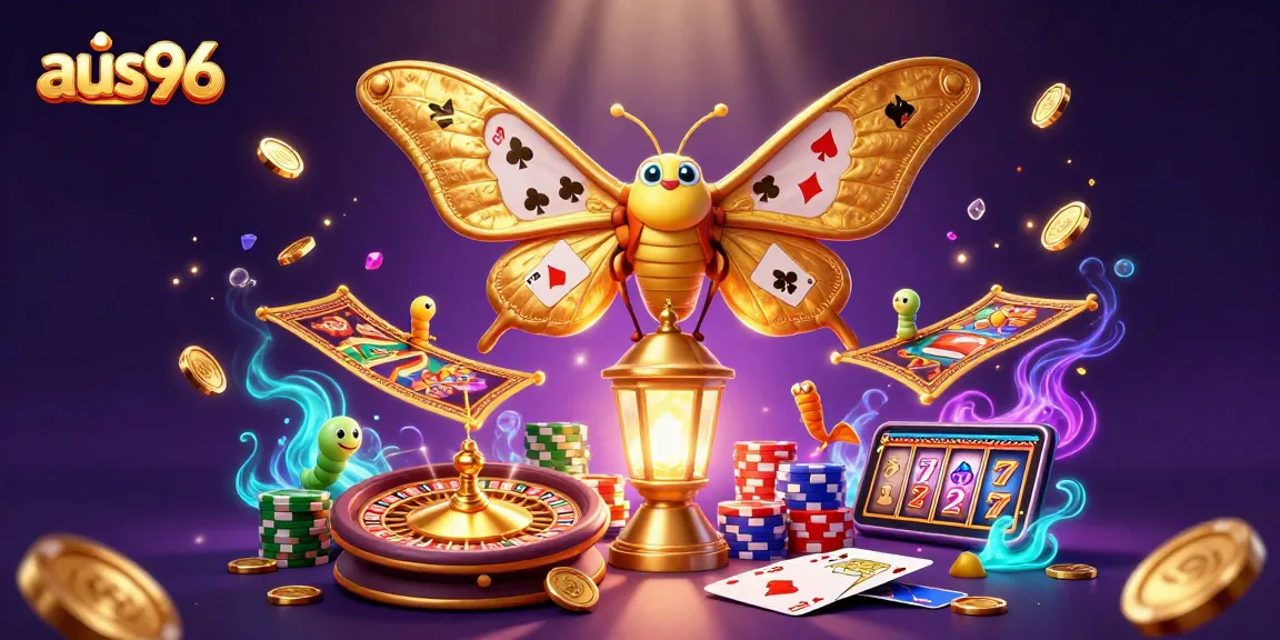 Experience the excitement of aus96 as the atlas moth enchants with its golden wings amidst casino treasures.
