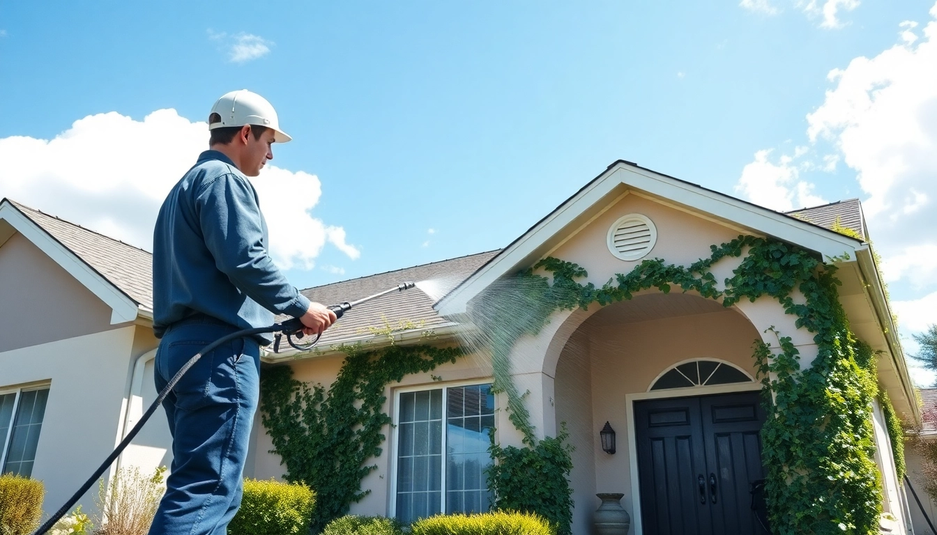 House Washing technician cleaning a home's exterior with pressure washer in a bright suburban setting.
