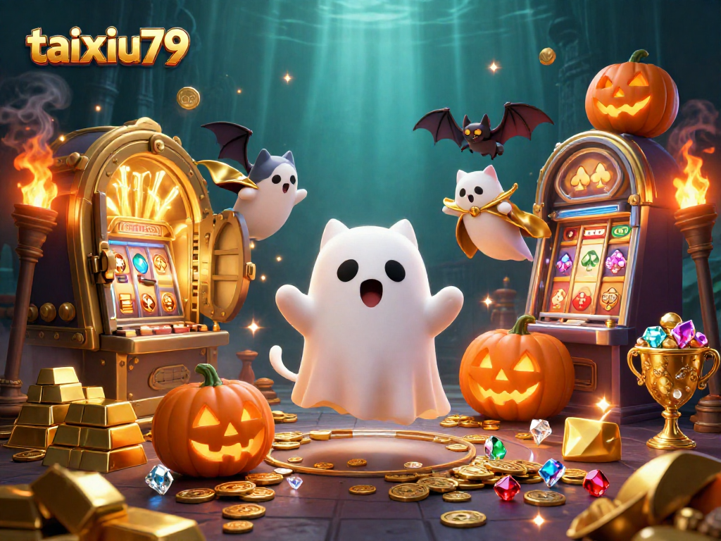 Engage with taixiu79 as the ghost cat and vampire bat explore a vibrant haunted casino.