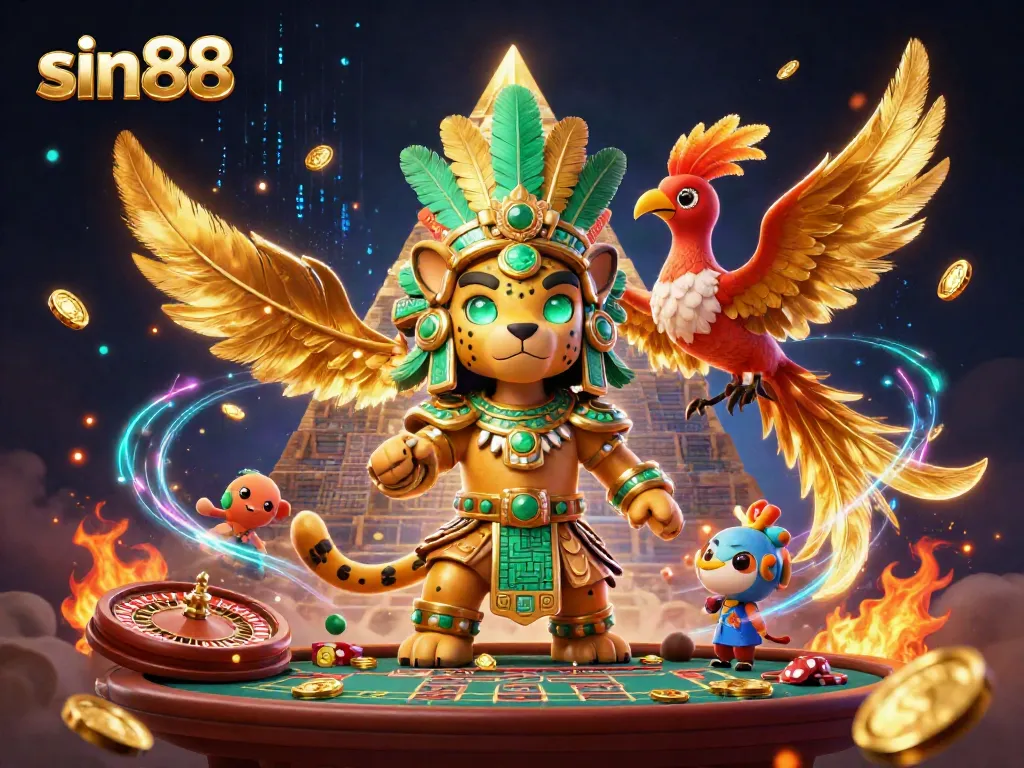 Experience the thrill of live gaming at sin88, featuring a vibrant 3D illustration of a Mayan jaguar priest.