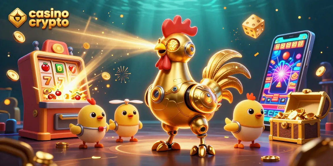 Gioca ai casino crypto con il robot gallo dorato e baby drone in un'atmosfera casinò vibrante.