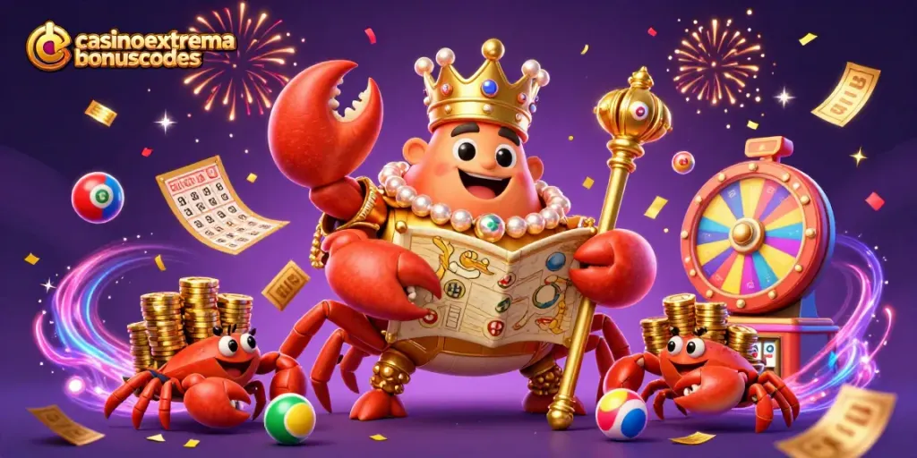 Ceremoniously featuring the casinoextremebonuscodes golden crab emperor in a lively casino scene with lottery balls and chips.