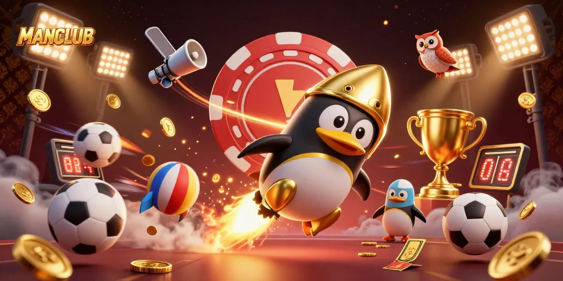 Experience thrilling slots at MANCLUB with a golden penguin and sports elements in a casino-themed 3D scene.