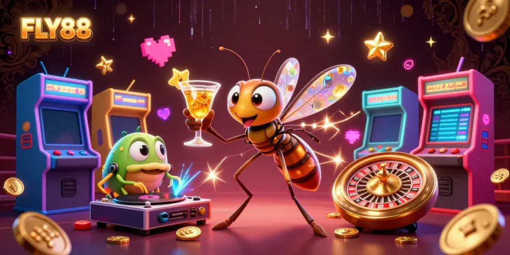 Experience FLY88 with a vibrant 3D casino scene featuring unique characters and arcade elements.