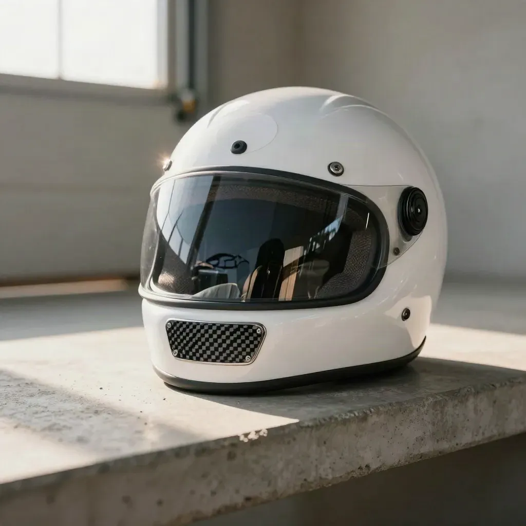 Rally helmet, number disc, transponder puck and carbon-fibre plaque on a concrete shelf