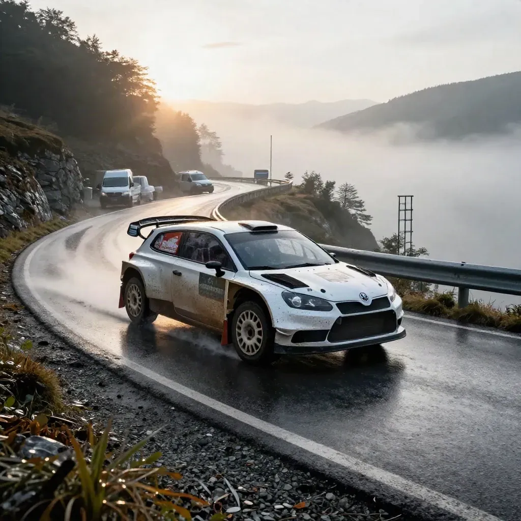 White works rally car carving a wet mountain hairpin in silver spray at golden hour.
