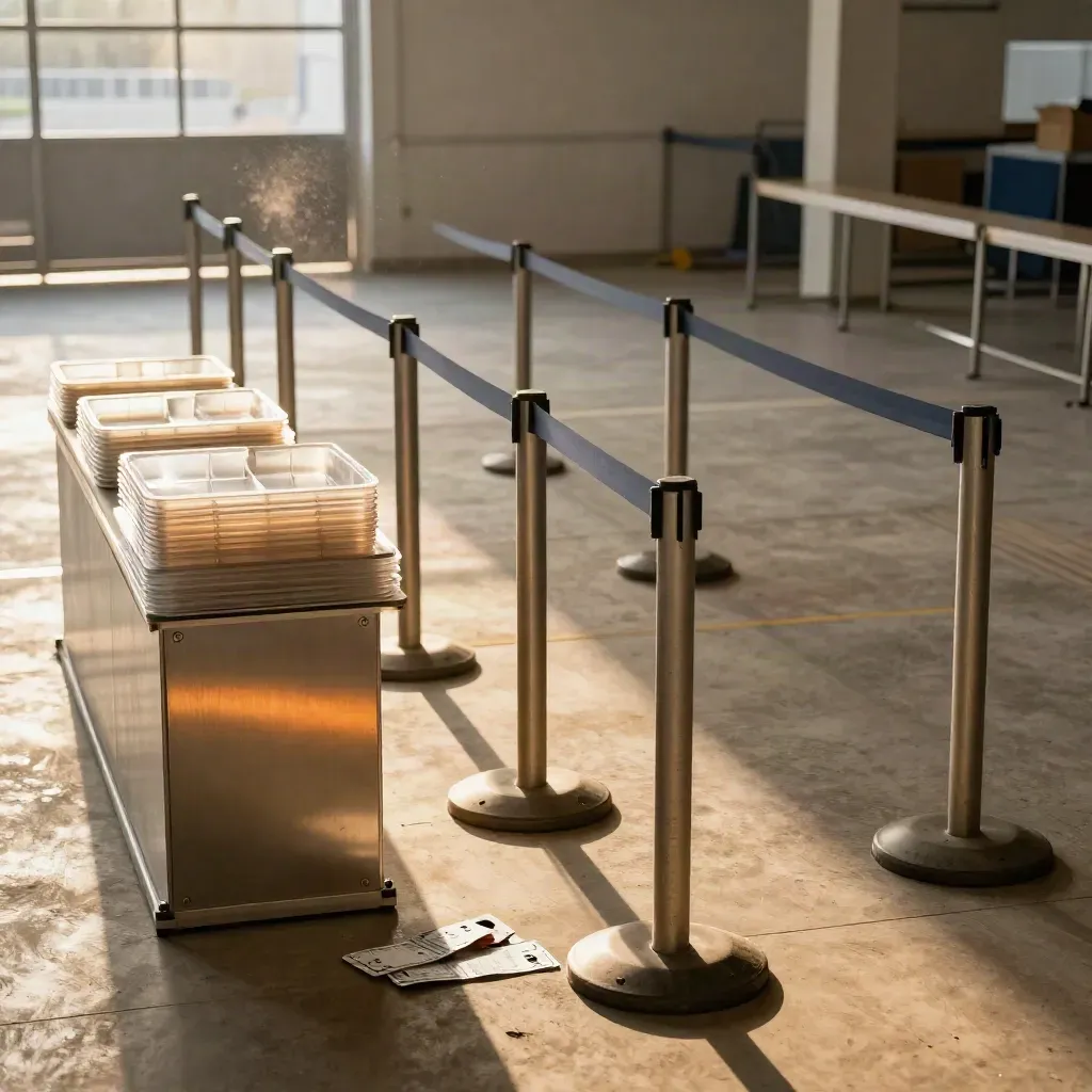 Empty rally entry lane with glowing scan pedestals, wristband trays and barriers in sunset dust.