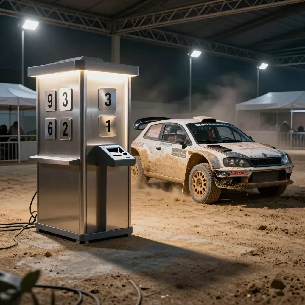 Floodlit rally kiosk beside a parked car in a dusty night paddock
