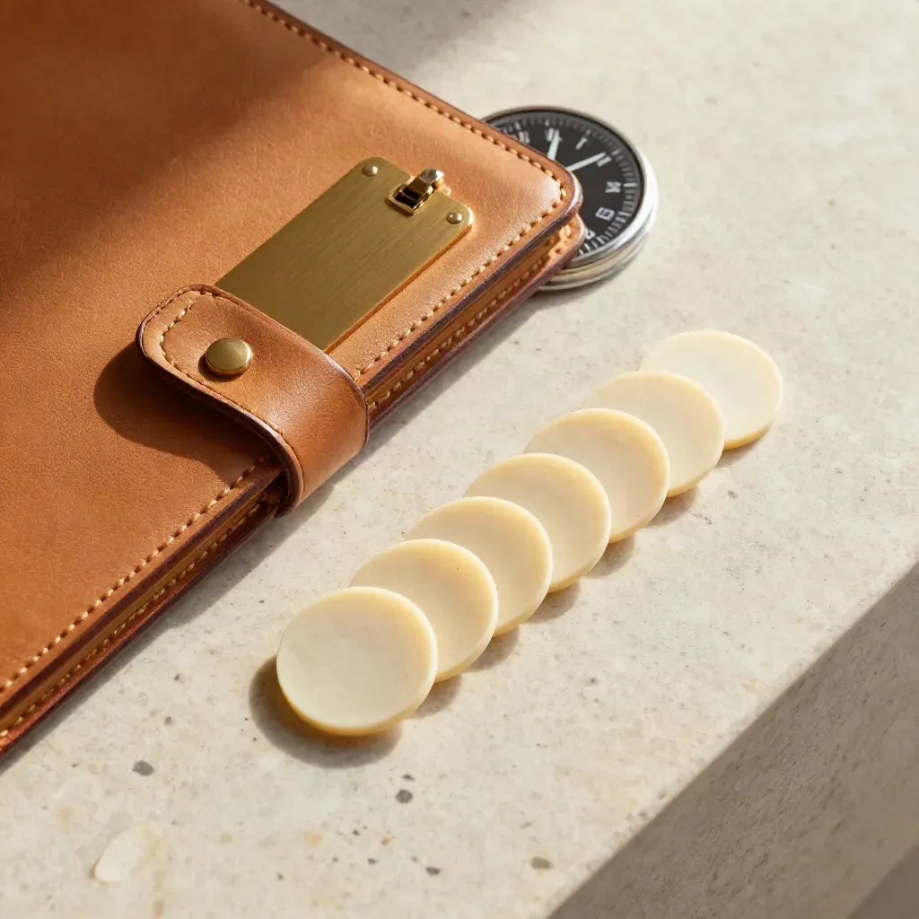 Top-down macro of rally tools on travertine: leather folio, brass badge, stage chips, timewheel.