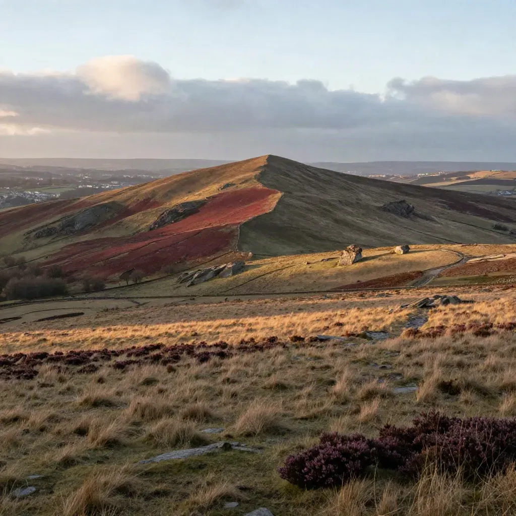 Moorland ridge at sunset with distant city silhouettes beneath soft cloud