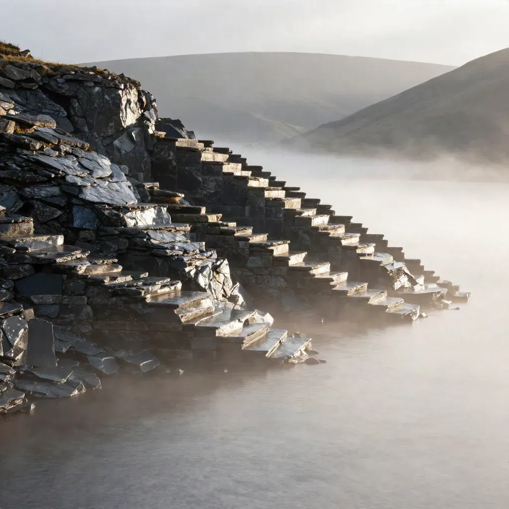 Slate quarry terraces above a misty loch valley, warm rain-dark rock and calm haze