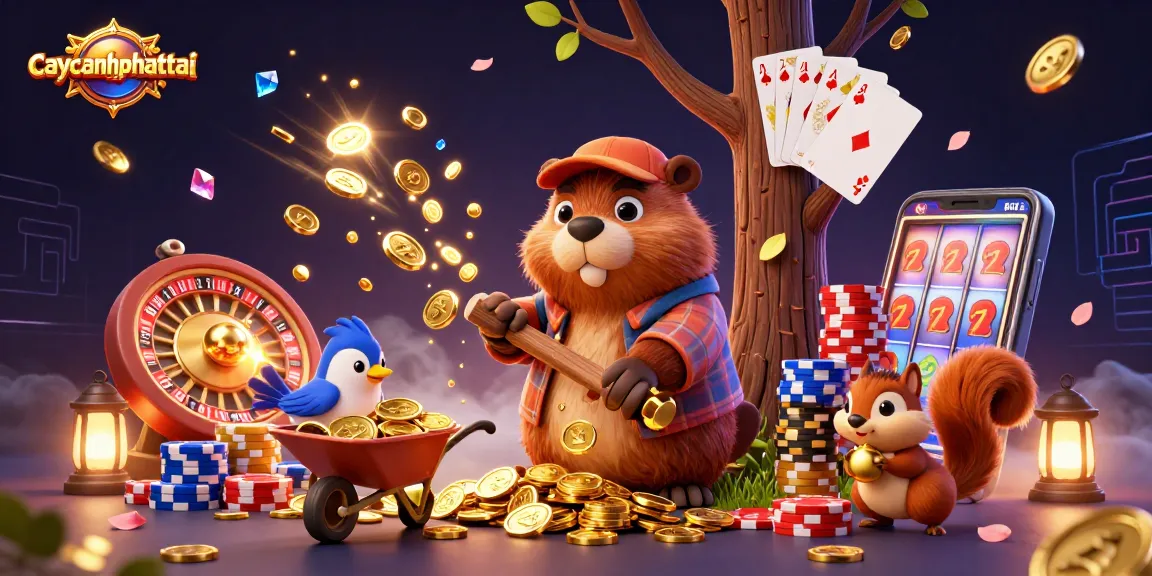 Win big with caycanhphattai as a beaver chops a tree raining golden coins in this vibrant casino scene.