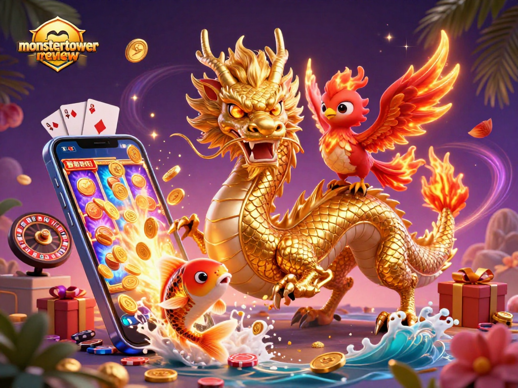 Experience thrilling gameplay with monstertowerreview as a golden dragon and cute phoenix soar through a gaming paradise.