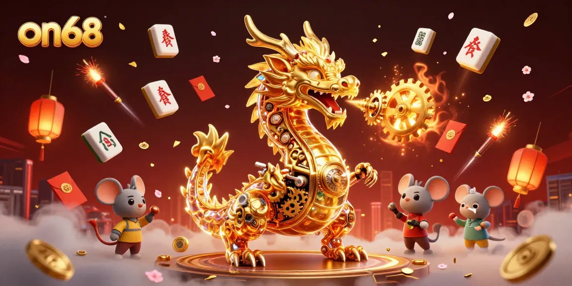 Spin the reels and win with on68, featuring a golden dragon amidst vibrant casino elements.