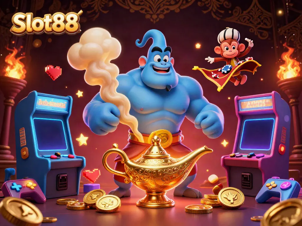 Engage with Slot88's thrilling world featuring a genie, monkey, and magic carpet amidst colorful gaming elements.