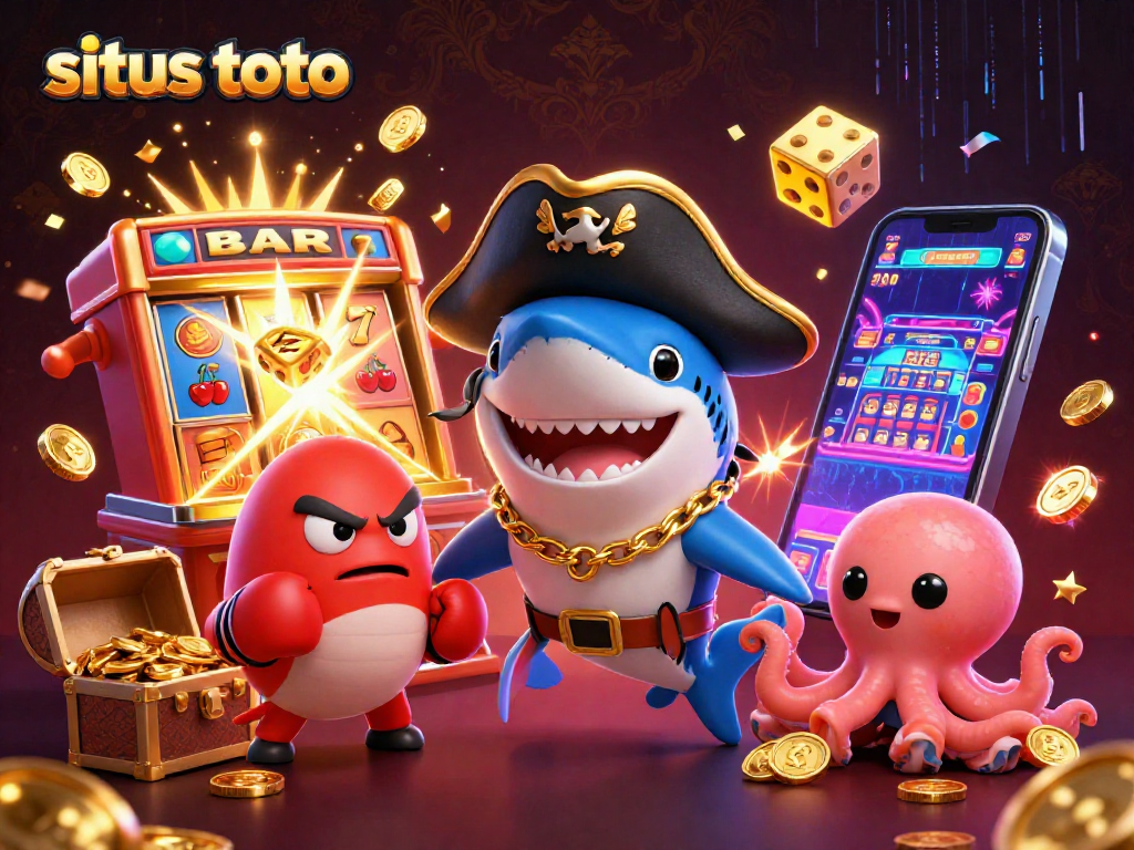 Experience the excitement of situs toto with vibrant cartoon characters surrounded by slot machines and gold coins.