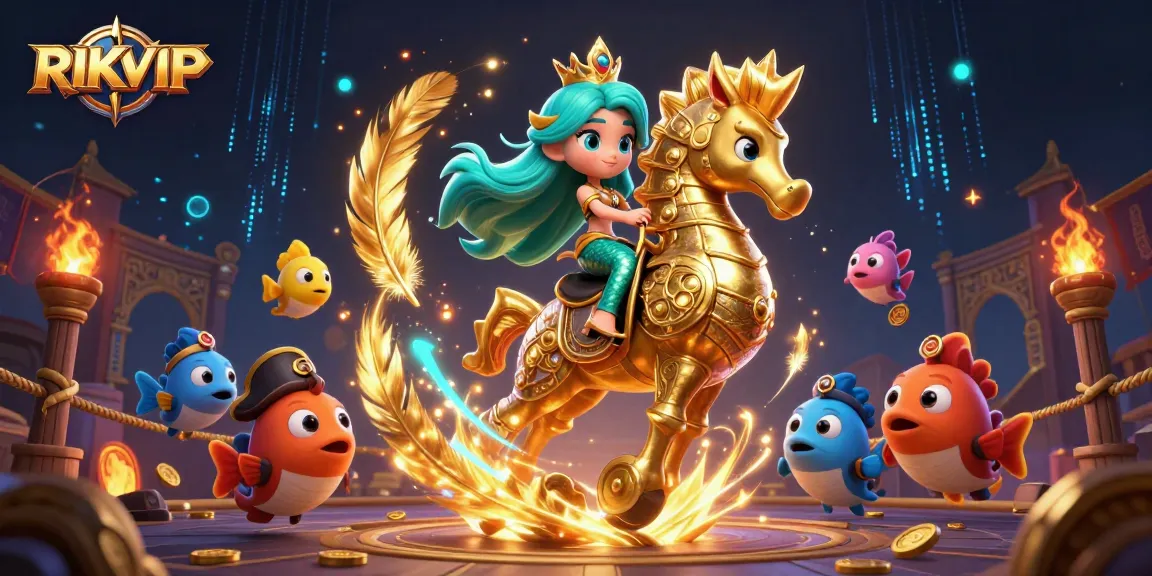 Experience RIKVIP’s vibrant gaming world with a dynamic 3D mermaid princess and colorful casino elements.