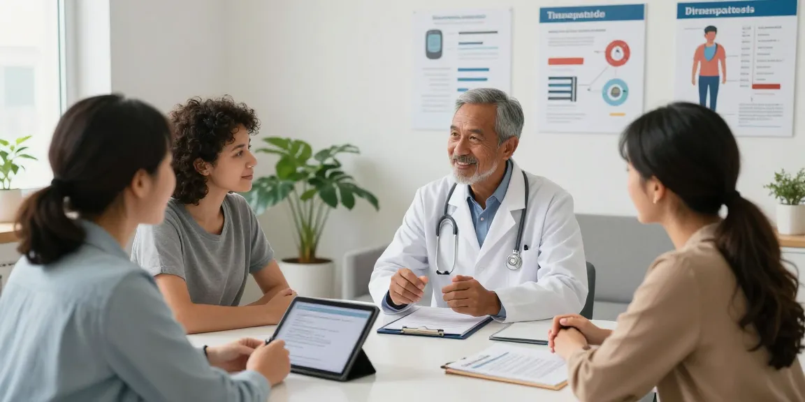 Healthcare professional discussing www.miraviglp.com/tirzepatide with patients in a supportive clinic environment.