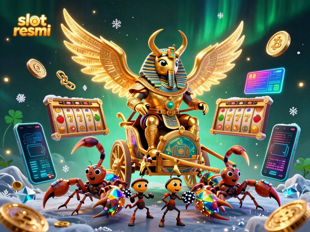 Experience thrilling gameplay with slot resmi featuring dynamic illustrations of a colossal beetle and vibrant slot symbols.