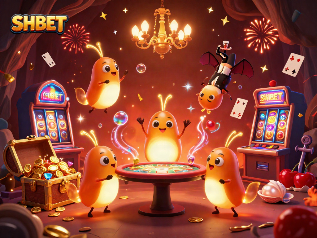 Engage with SHBET in a lively undersea casino scene featuring bioluminescent glowworms and gaming elements.