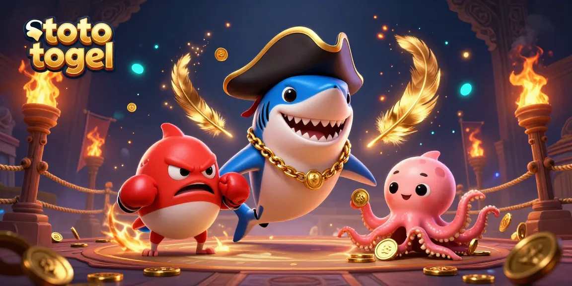Gambar ilustrasi 3D tentang toto togel dengan hiu bajak laut dan ikan puffer dalam arena judi.