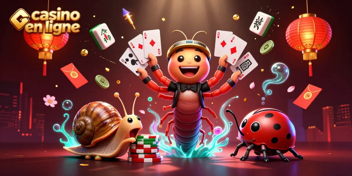 Casino en ligne : un dealer millepattes avec des mains agitées jouant des cartes entouré d'éléments festifs.