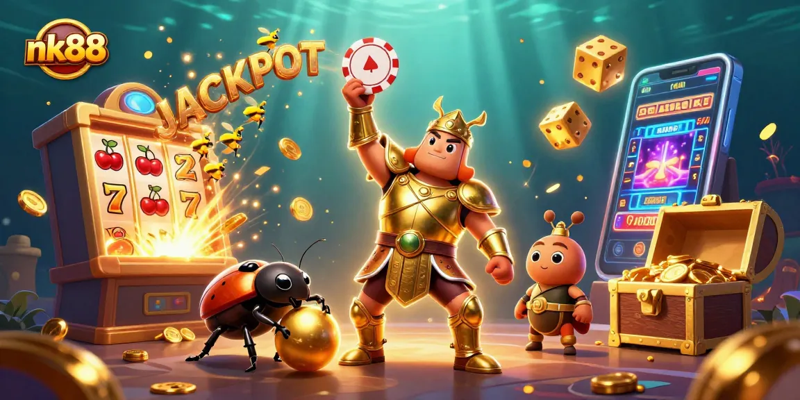 Experience nk88's thrilling jackpot moments with a victorious beetle and colorful game elements.