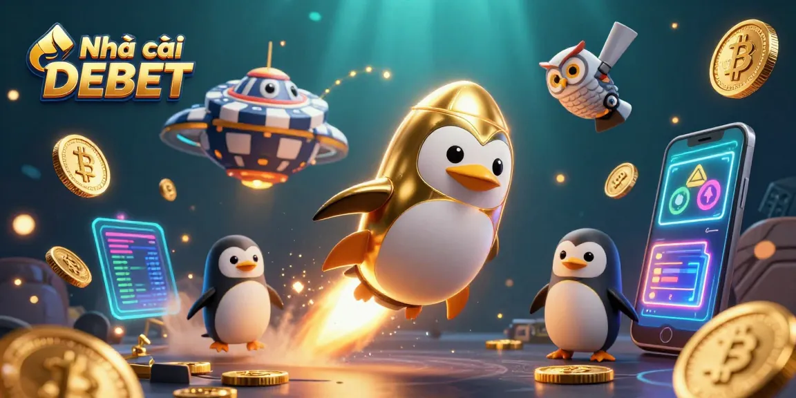 Experience vibrant gaming with Nhà cái DEBET featuring a golden penguin in a dynamic casino scene.